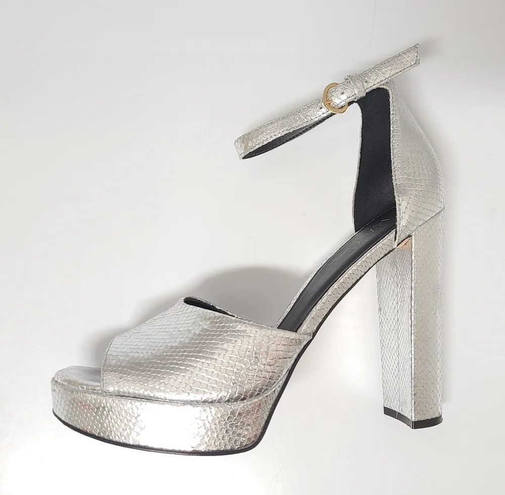 RAYE Dune Metallic Silver Snakeskin Embossed Leather Platform Heels Sz 10
